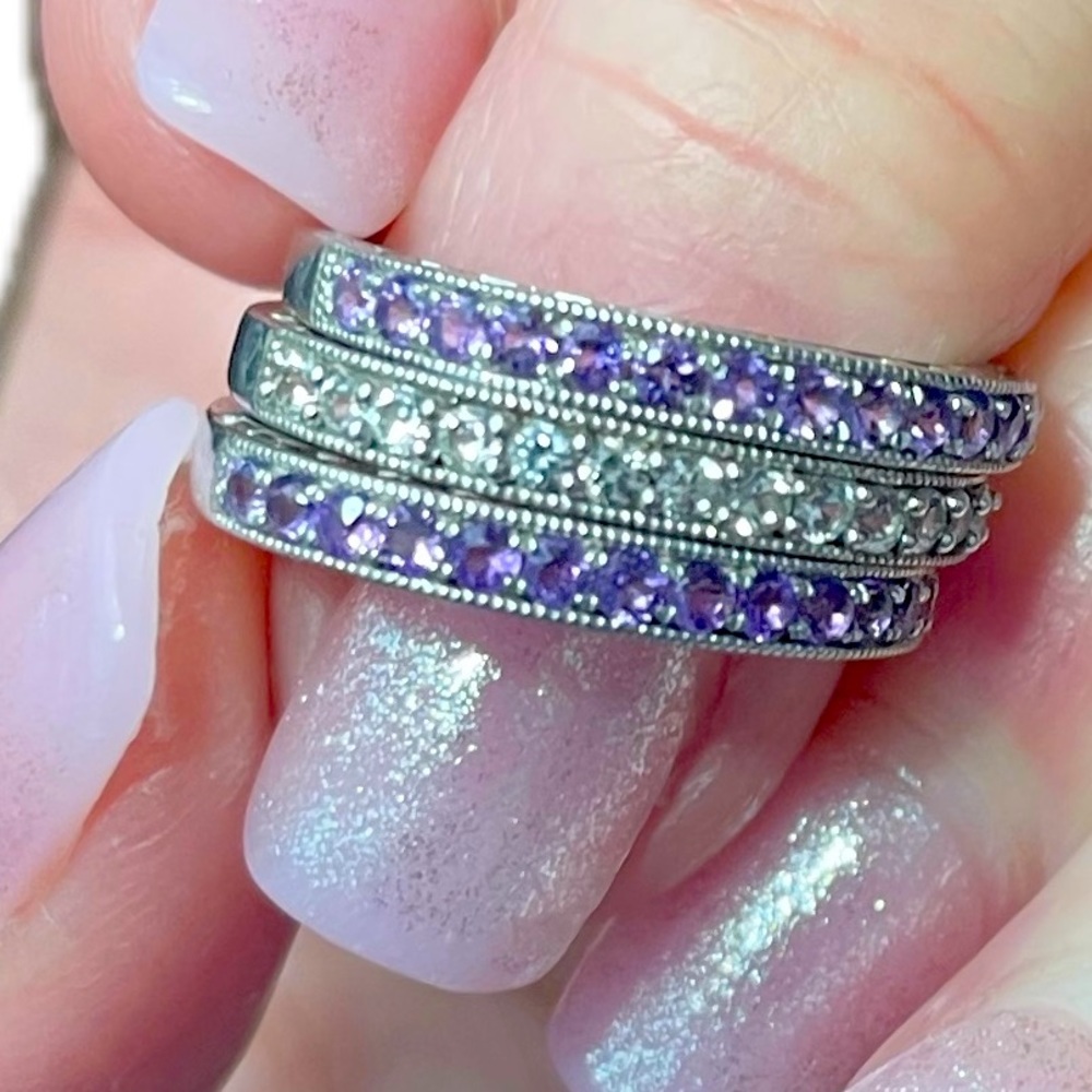 HDS Sterling Silver Pavé Amethyst & Topaz Stacking Rings Set of 3